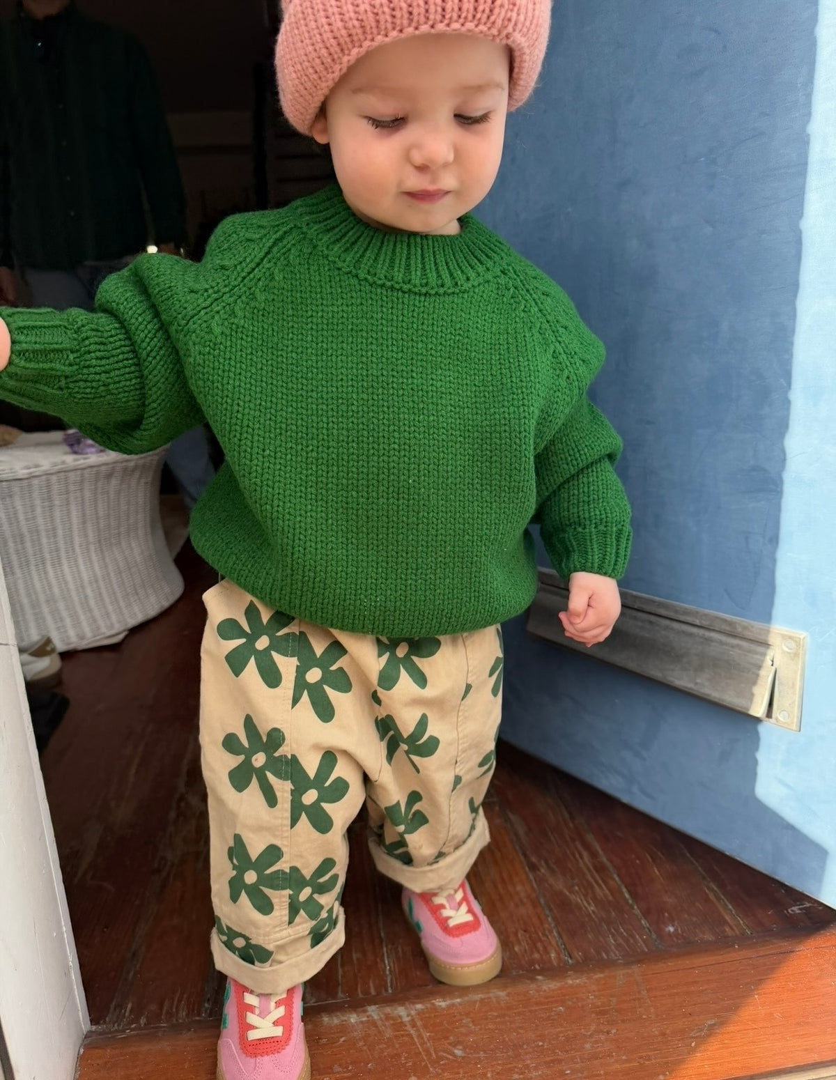 green flower power pants